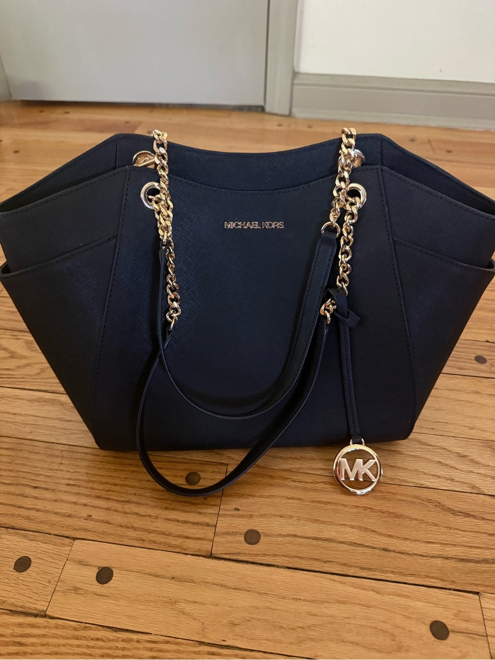 Michael Kors Navy Saffiano Tote with Gold Chain Detail